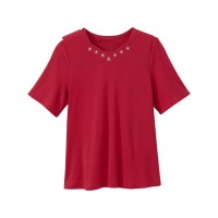 T-shirt adapté femme rouge encolure brodée diamants