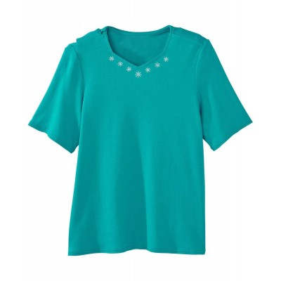 T-shirt adapté femme turquoise encolure brodée diamants